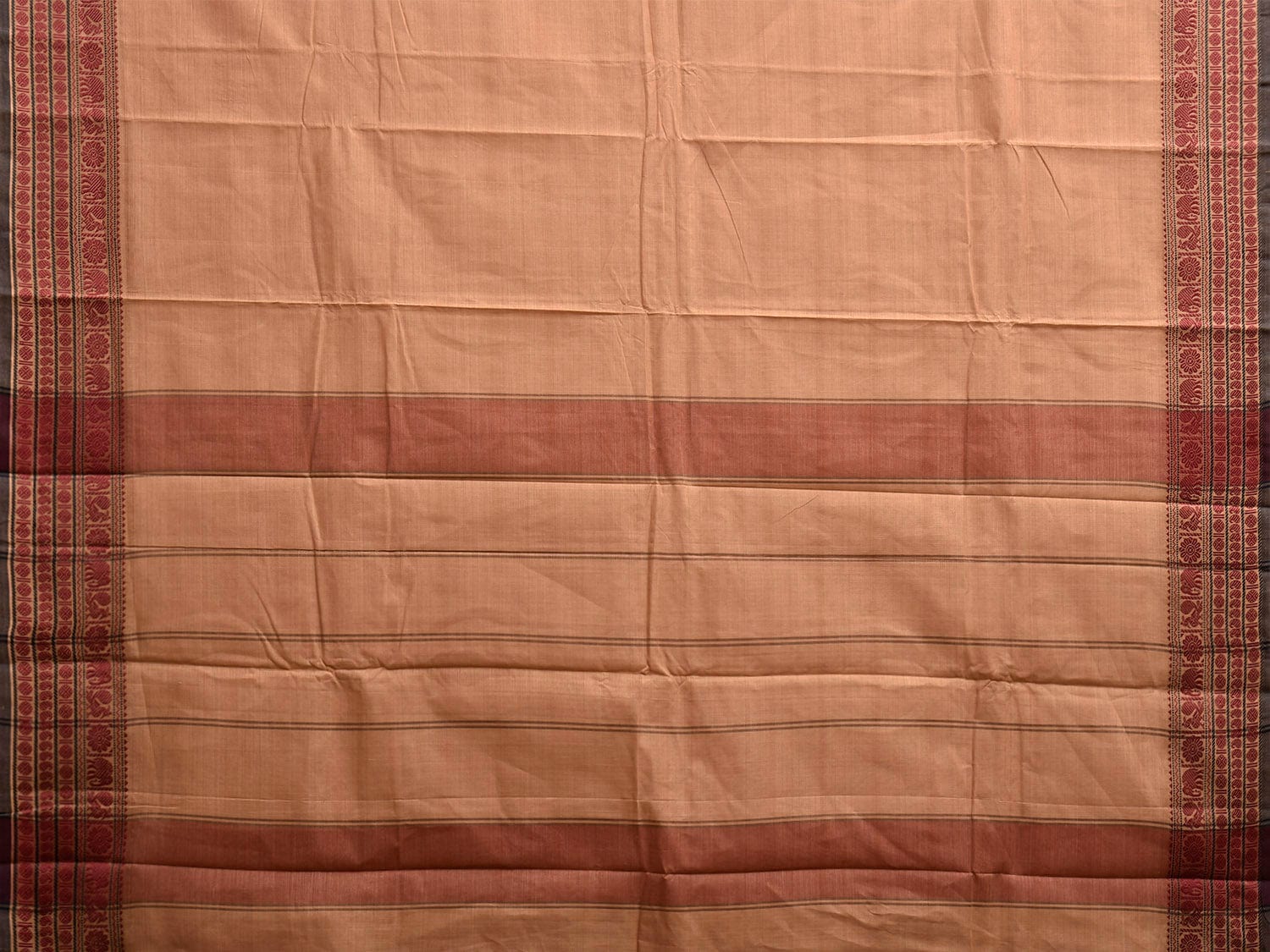 Cream Kanchipuram Cotton Plain Saree with Strips and Border Design k0855