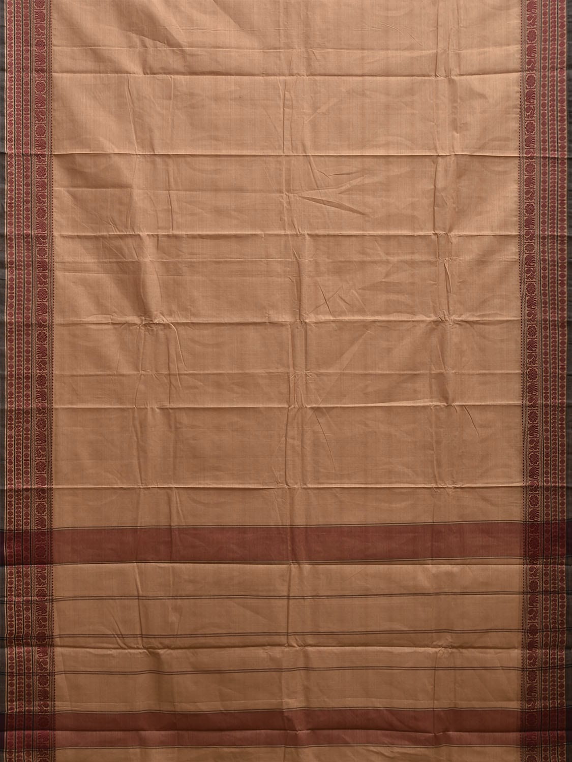 Cream Kanchipuram Cotton Plain Saree with Strips and Border Design k0855