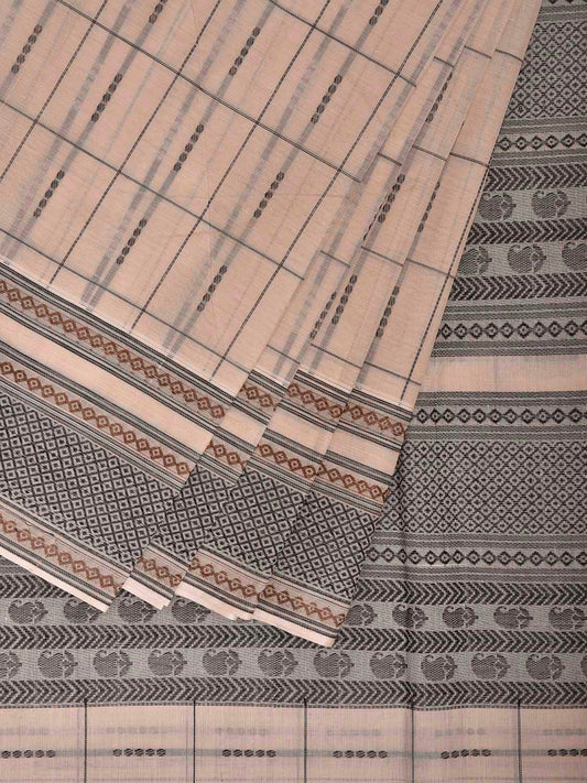 Cream Kanchipuram Cotton Saree with Checks and Border-Pallu Design k0848