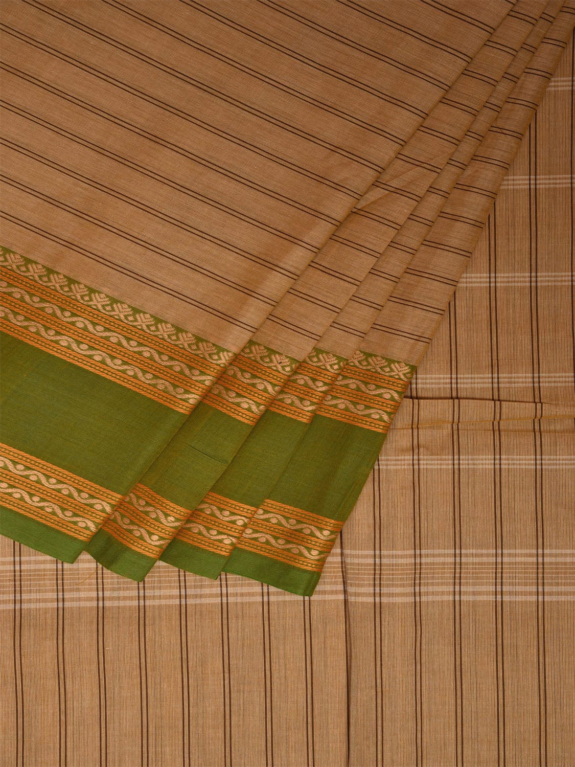 Cream Kanchipuram Cotton Saree with Strips and Ganga-Jamuna Border Design Kalamkari Blouse k0832