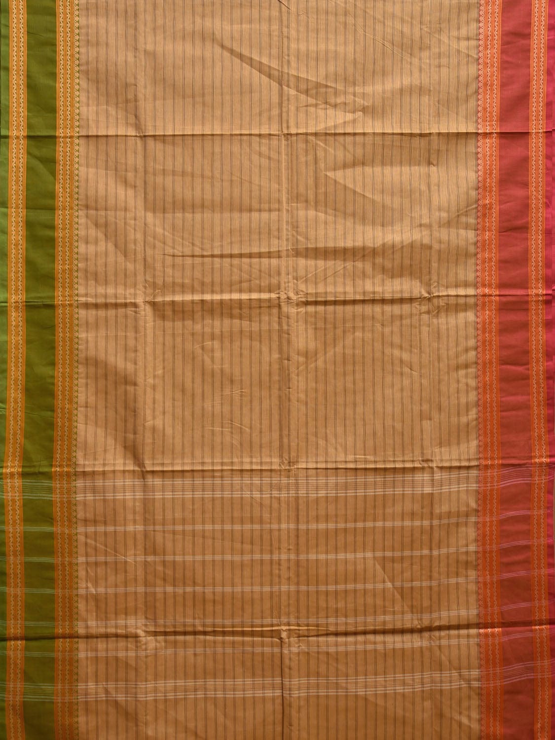 Cream Kanchipuram Cotton Saree with Strips and Ganga-Jamuna Border Design Kalamkari Blouse k0832