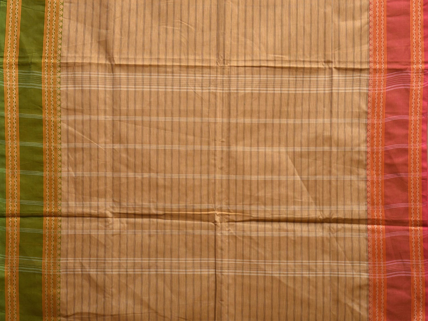 Cream Kanchipuram Cotton Saree with Strips and Ganga-Jamuna Border Design Kalamkari Blouse k0832