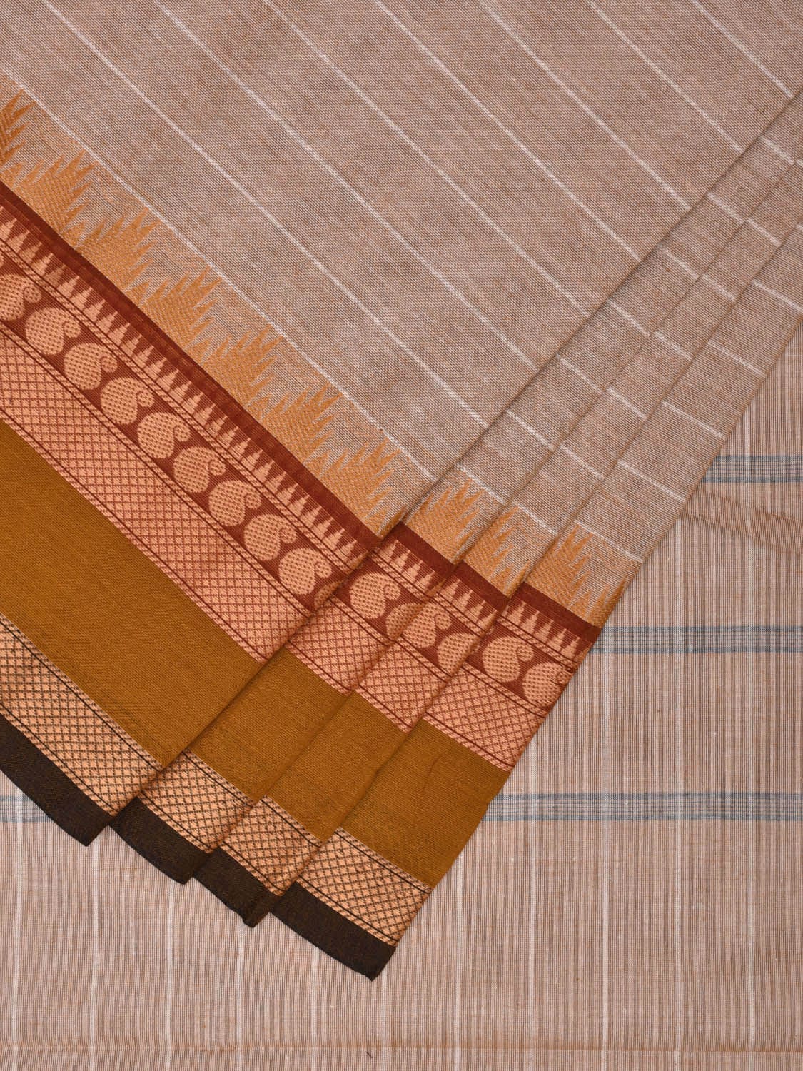 Cream Kanchipuram Cotton Saree with Strips and Temple Border Design k0726