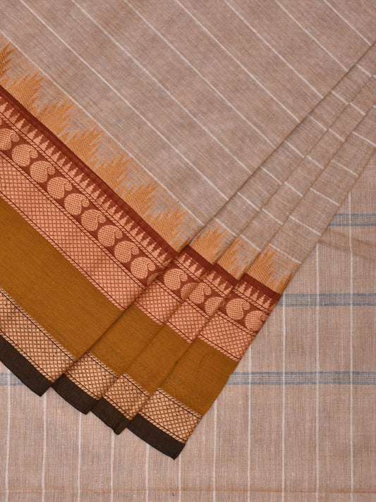 Cream Kanchipuram Cotton Saree with Strips and Temple Border Design k0726