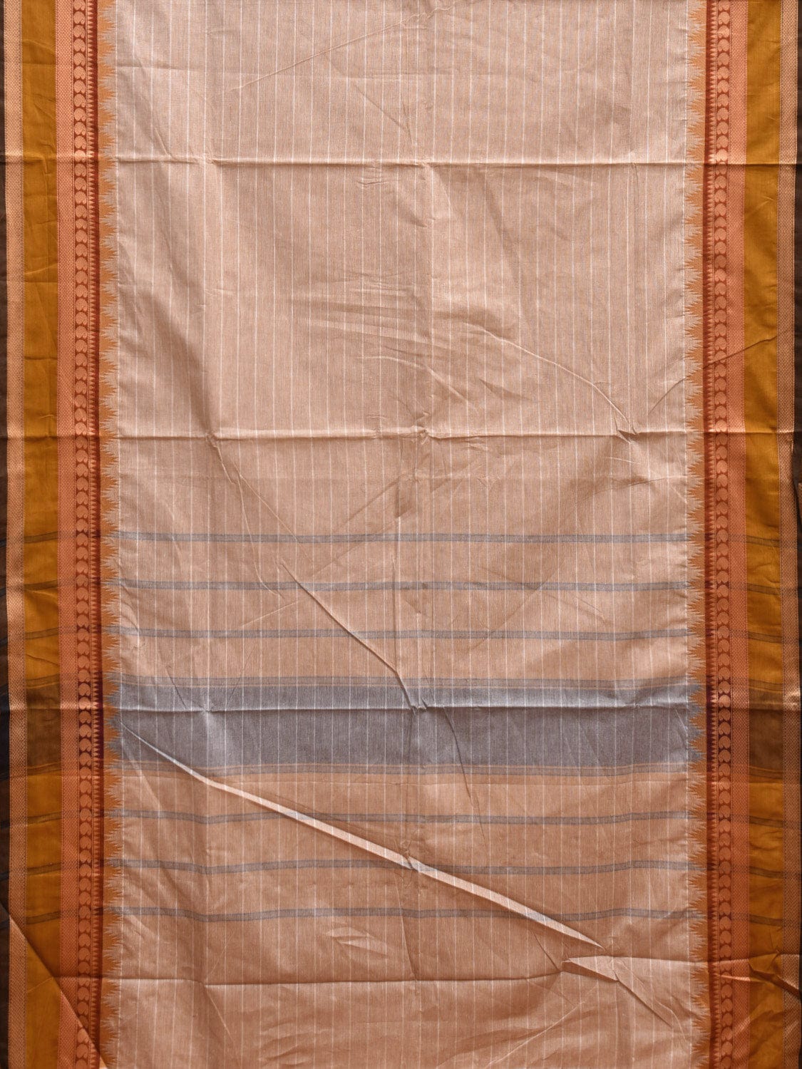 Cream Kanchipuram Cotton Saree with Strips and Temple Border Design k0726