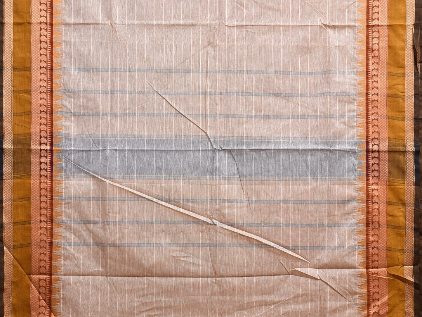 Cream Kanchipuram Cotton Saree with Strips and Temple Border Design k0726