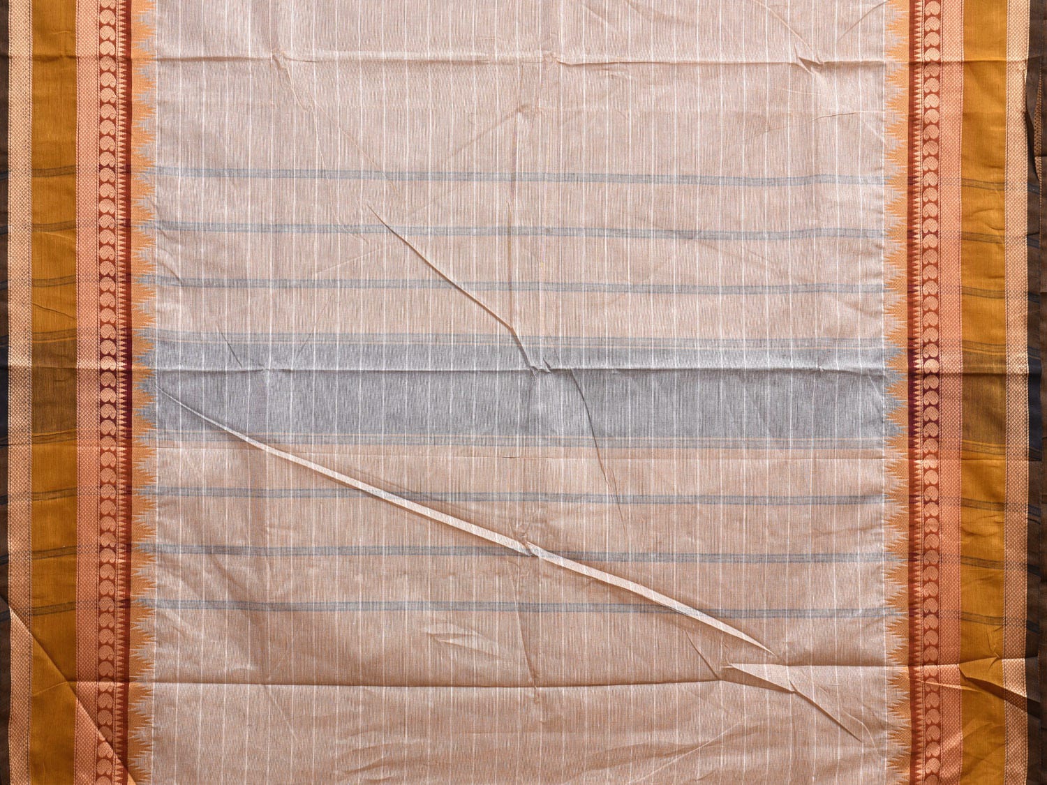 Cream Kanchipuram Cotton Saree with Strips and Temple Border Design k0726