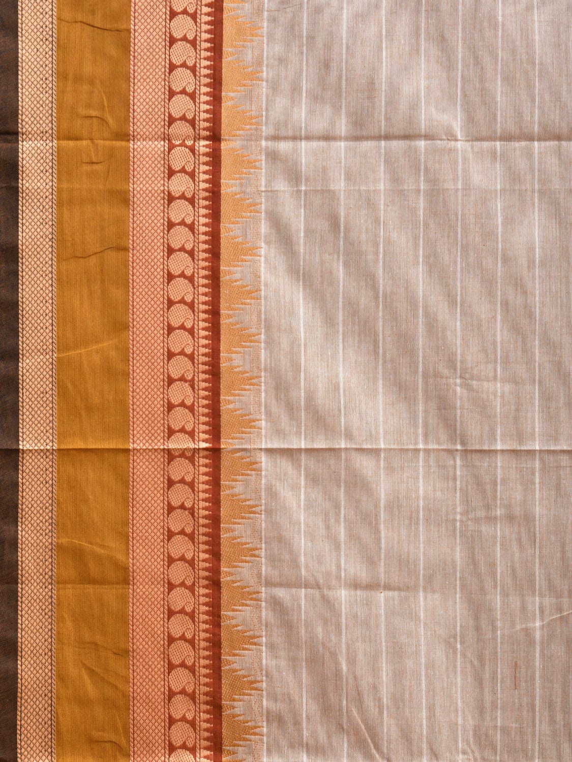 Cream Kanchipuram Cotton Saree with Strips and Temple Border Design k0726