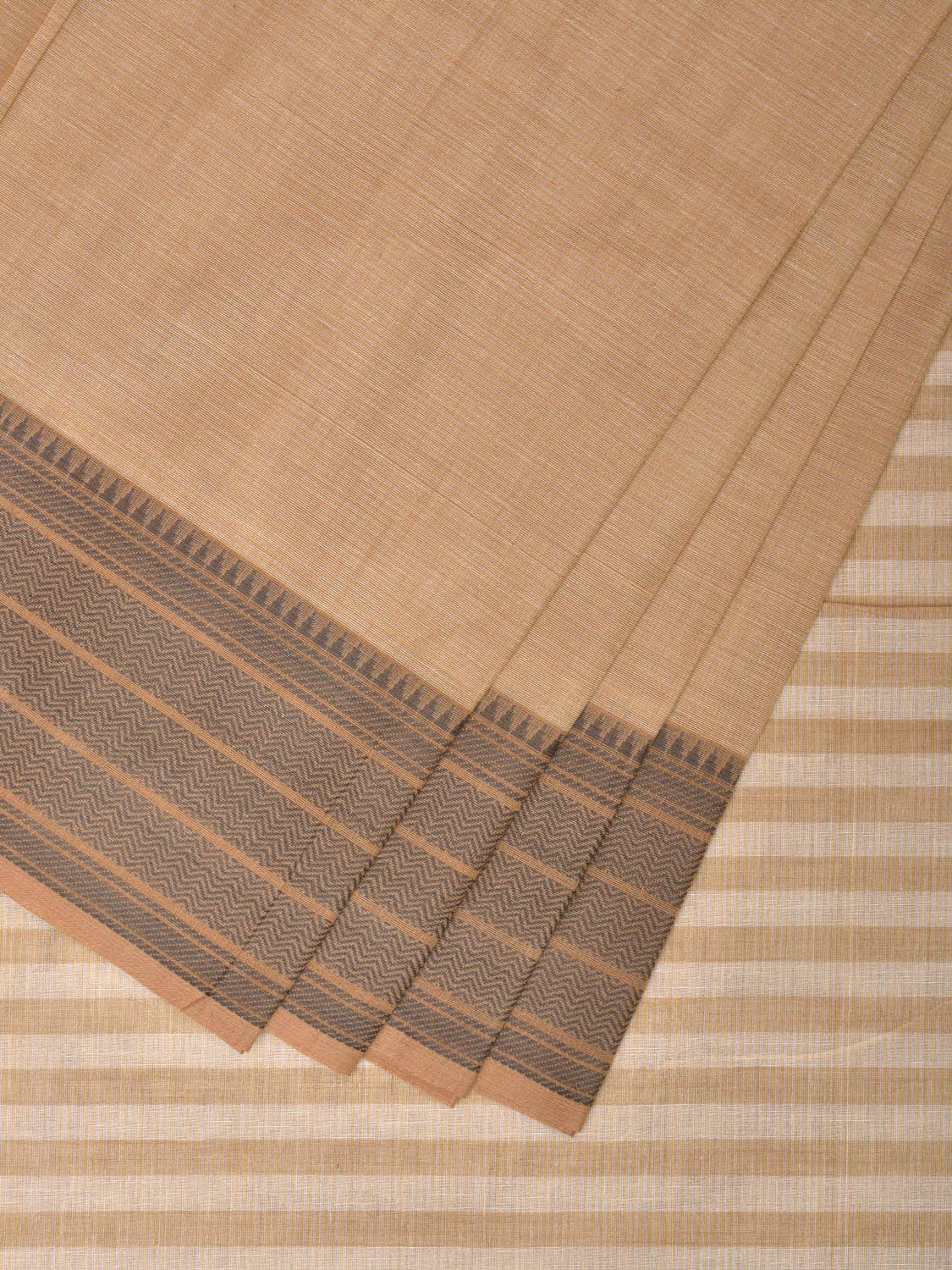 Cream Kanchipuram Cotton Saree with Strips Pallu and Border Design k0532