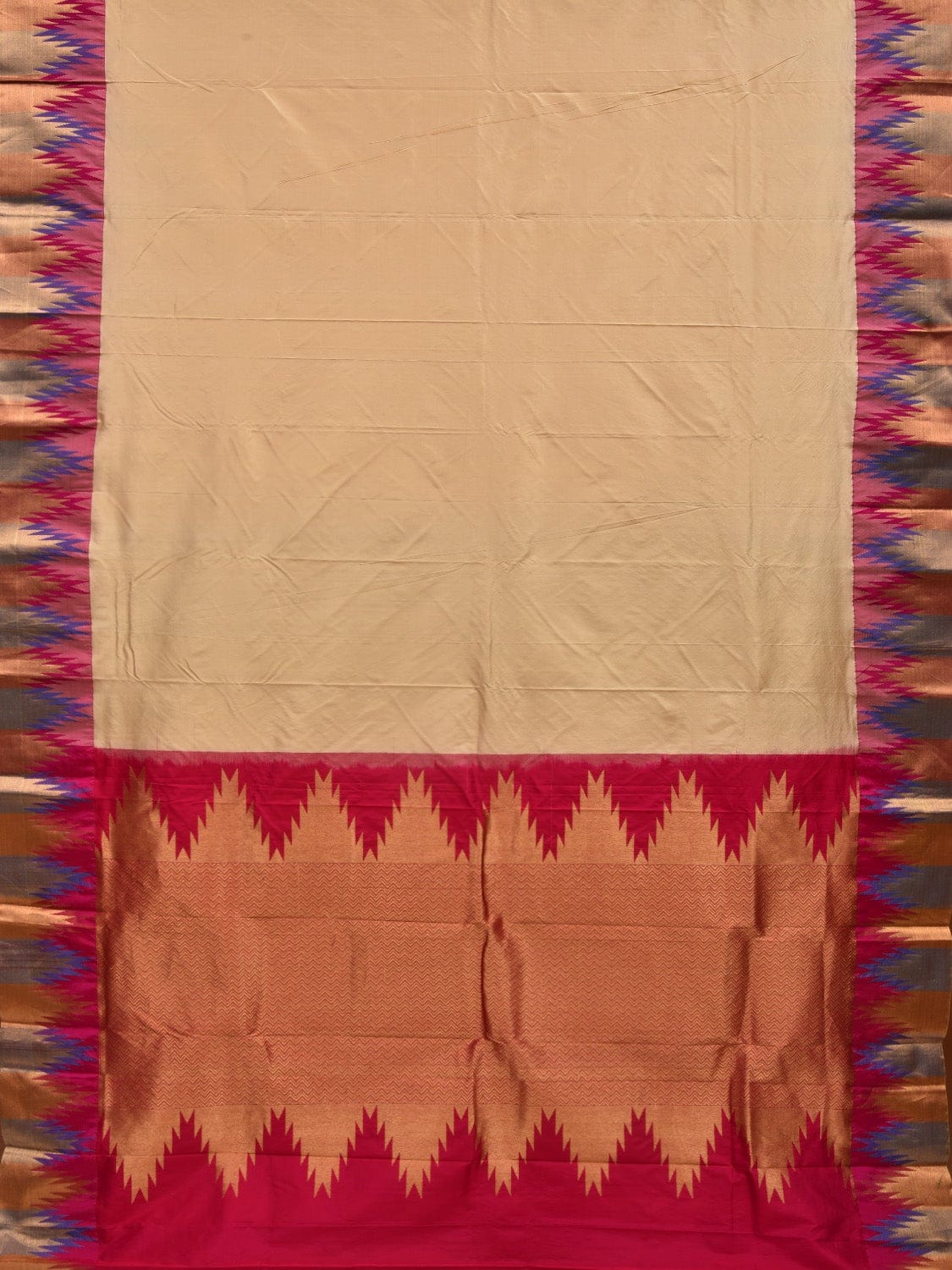 Cream Kanchipuram Silk Handloom Saree with Double Temple Border Design k0512