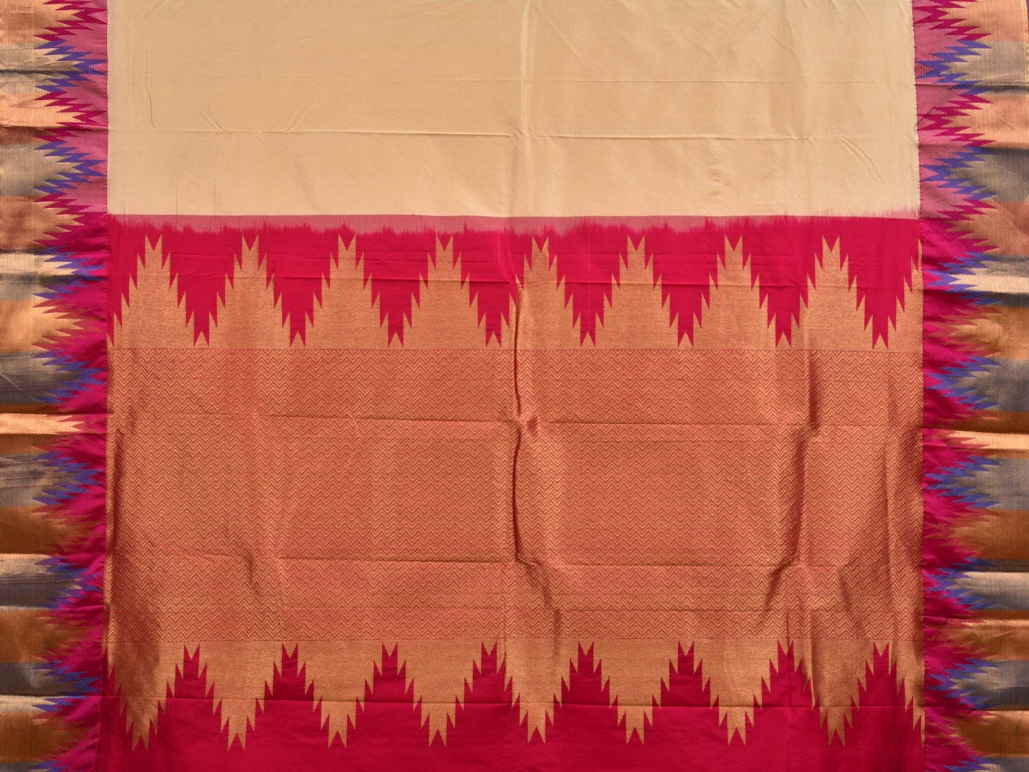 Cream Kanchipuram Silk Handloom Saree with Double Temple Border Design k0512