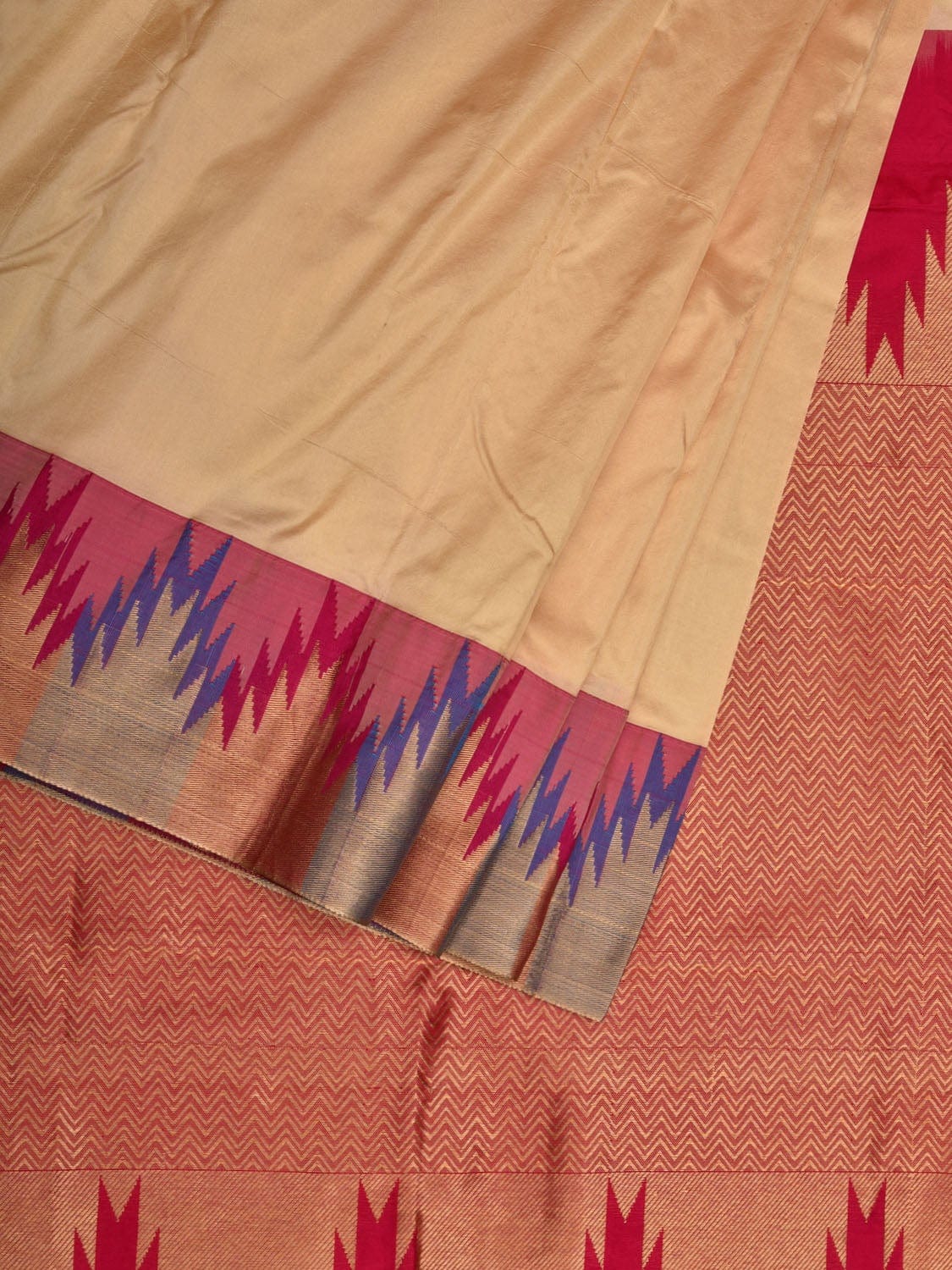 Cream Kanchipuram Silk Handloom Saree with Double Temple Border Design k0512