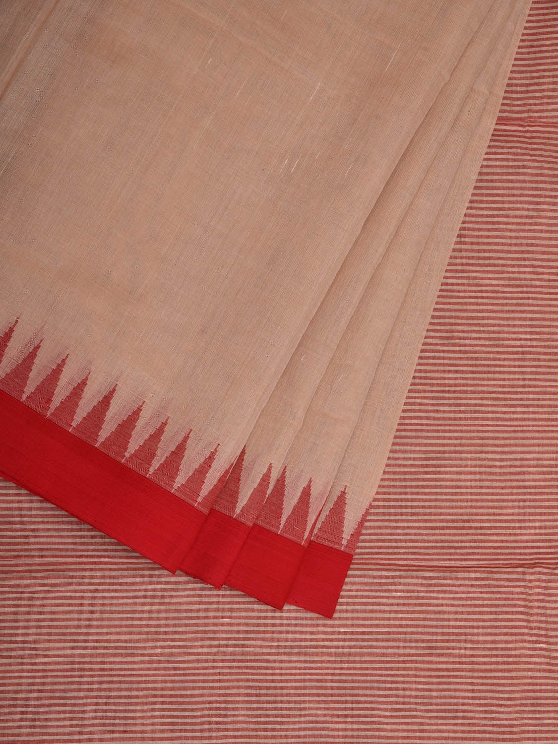 Cream Khadi Cotton Handloom Plain Saree with Strip Pallu Design kh0586