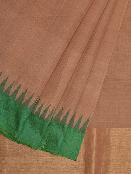 Cream Khadi Cotton Handloom Plain Saree with Temple Border Design kh0578