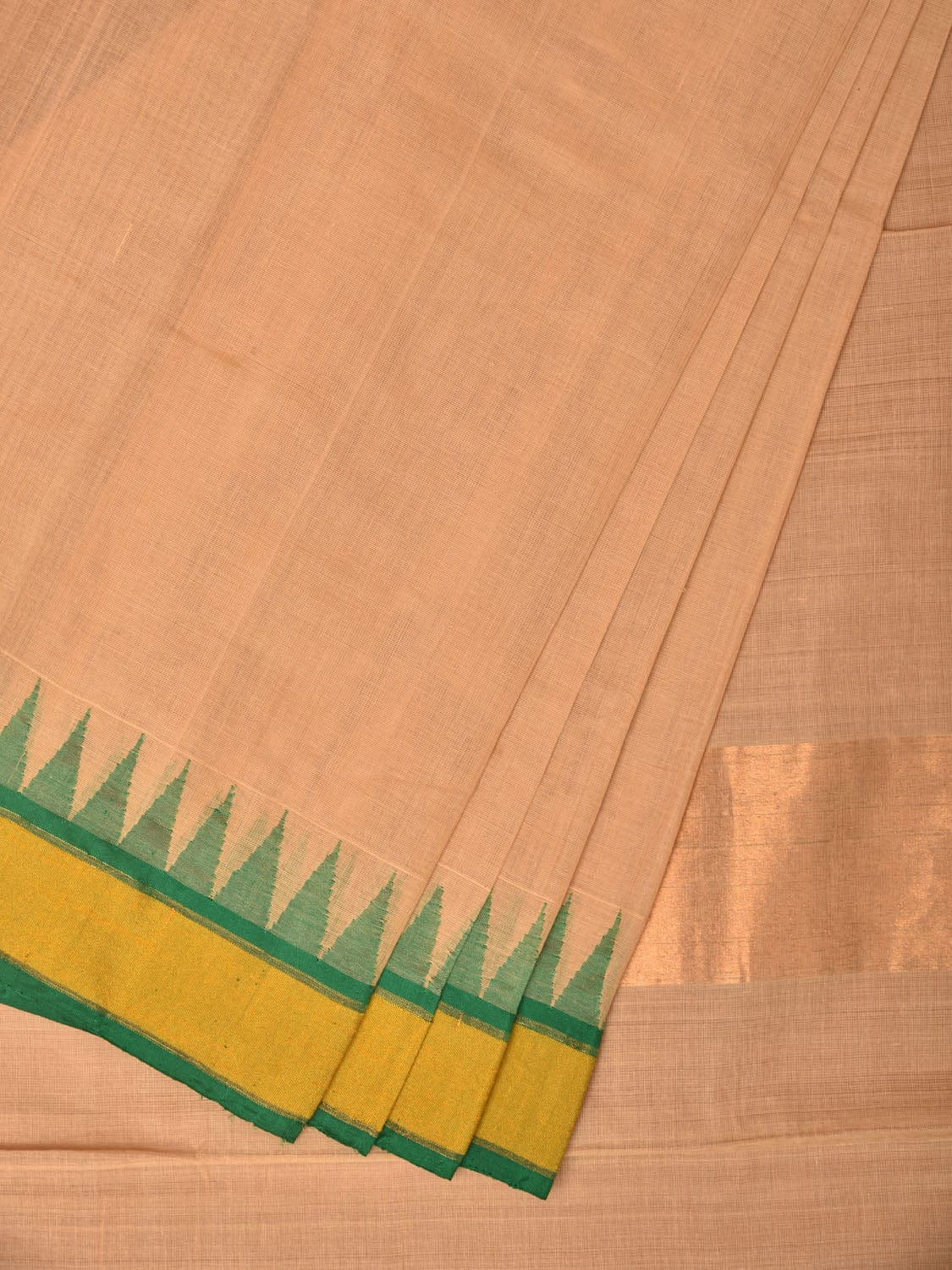 Cream Khadi Cotton Handloom Plain Saree with Temple Border Design kh0623