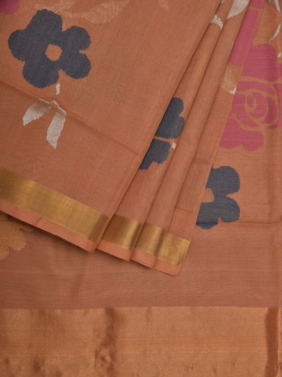 Cream Khadi Cotton Handloom Saree with All Over Big Flowers Design kh0542