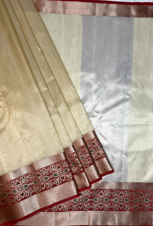 Cream Kota Checks Weave Saree with Body Pallu and Floral Border Design b0131ds