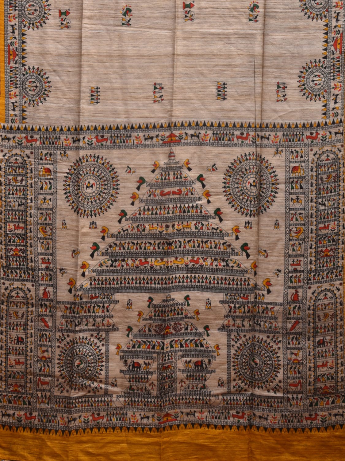 Cream Madhubani Print Tussar Saree with Village Theme Design o0459