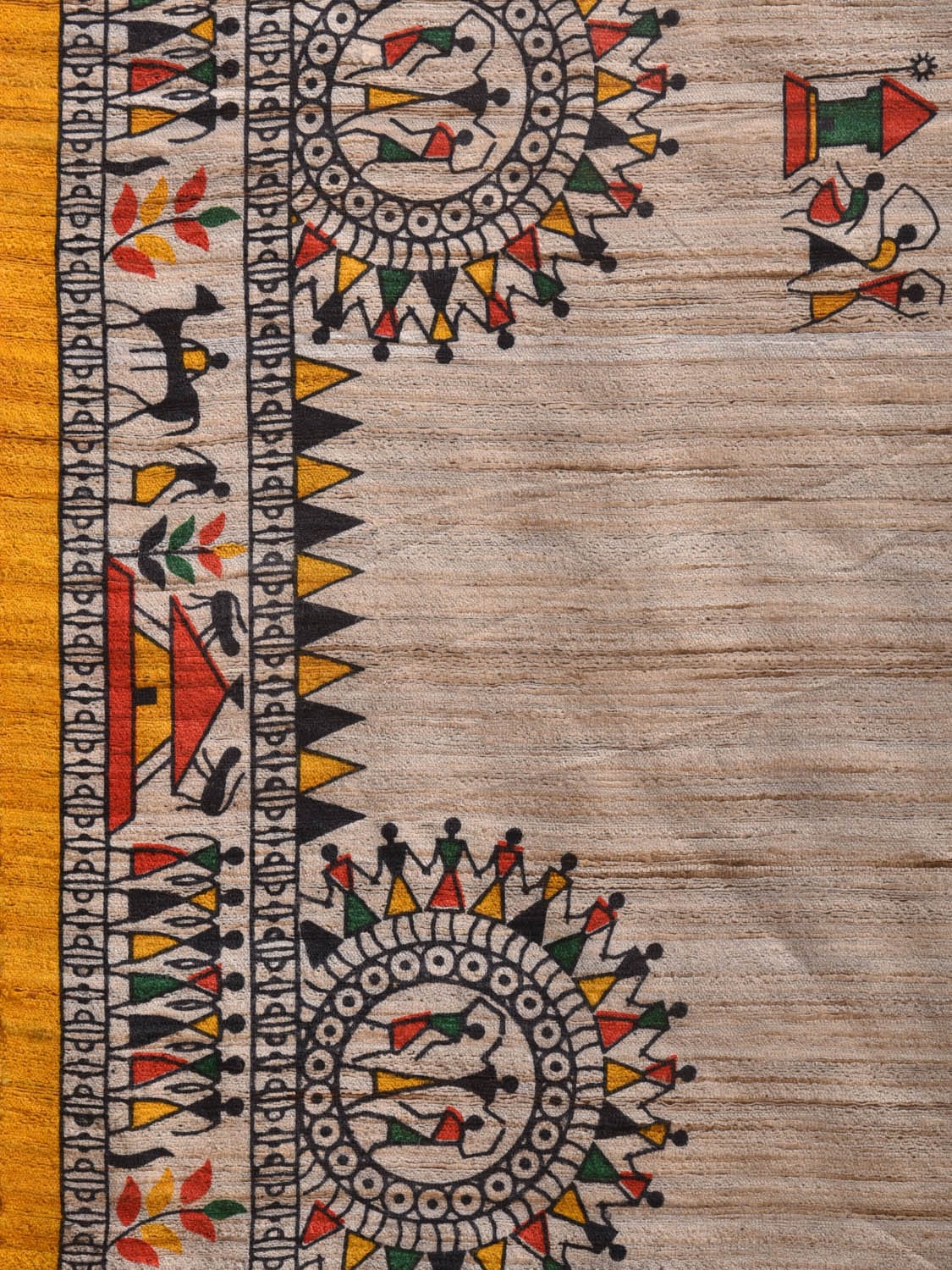 Cream Madhubani Print Tussar Saree with Village Theme Design o0459