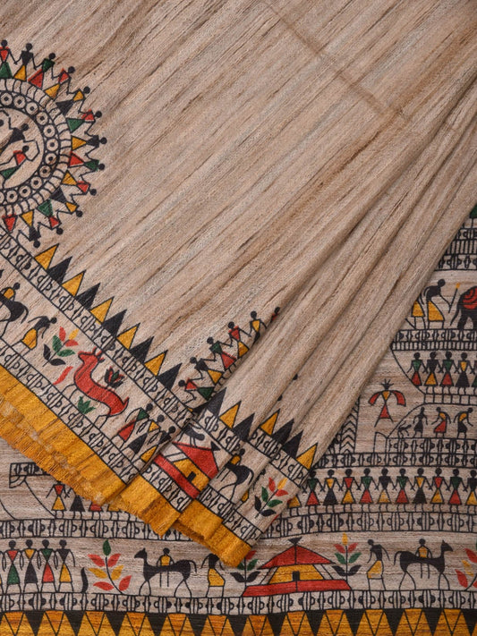 Cream Madhubani Print Tussar Saree with Village Theme Design o0459