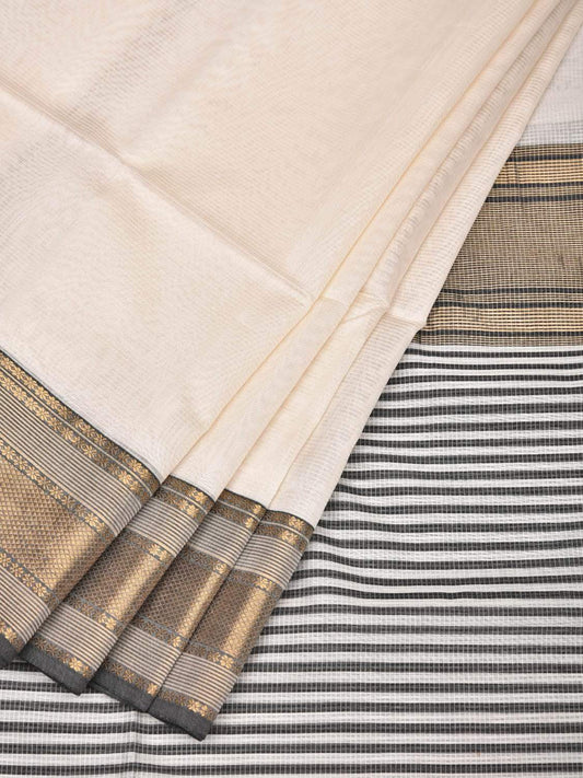 Cream Maheshwari Cotton Silk Handloom Saree with Strips Pallu Design m0139
