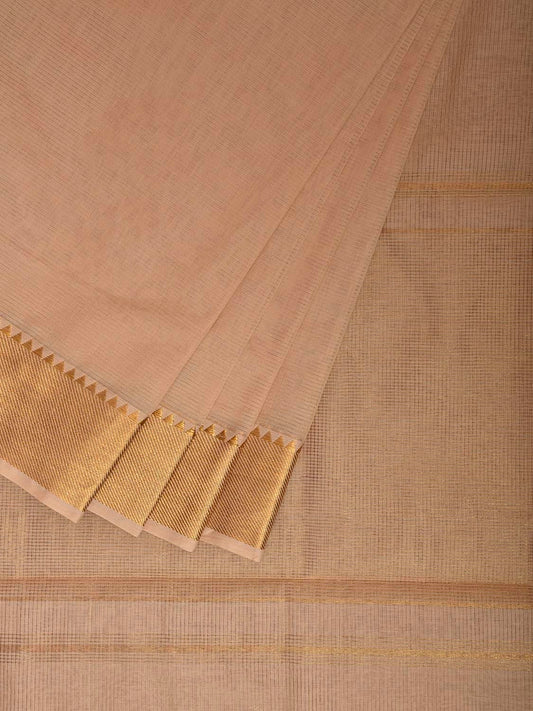 Cream Mangalgiri Cotton Handloom Saree with Strips and Small Temple Border Design No Blouse mn0106