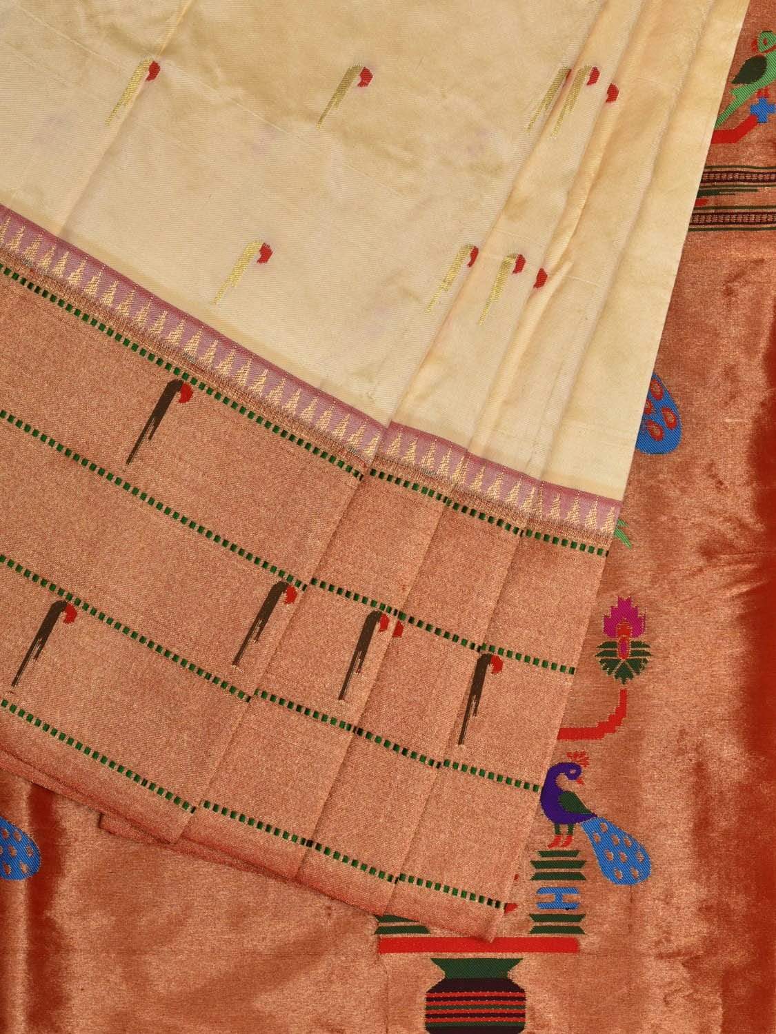 Cream Paithani Silk Saree with Triple Muniya Border Design p0388