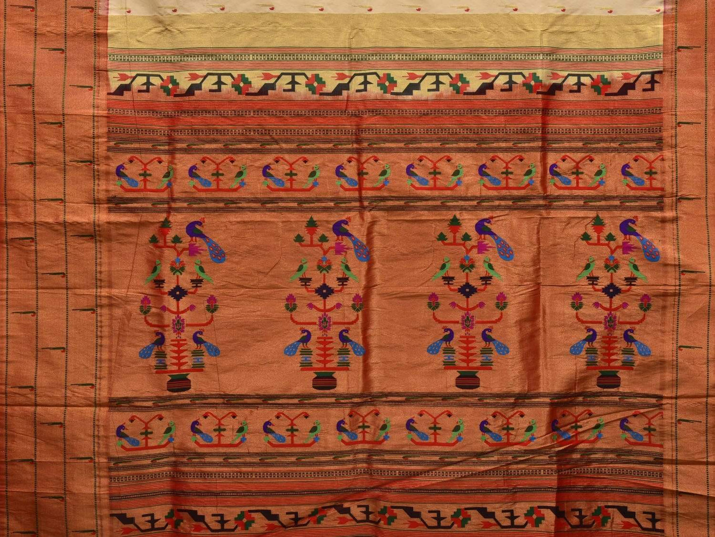 Cream Paithani Silk Saree with Triple Muniya Border Design p0388