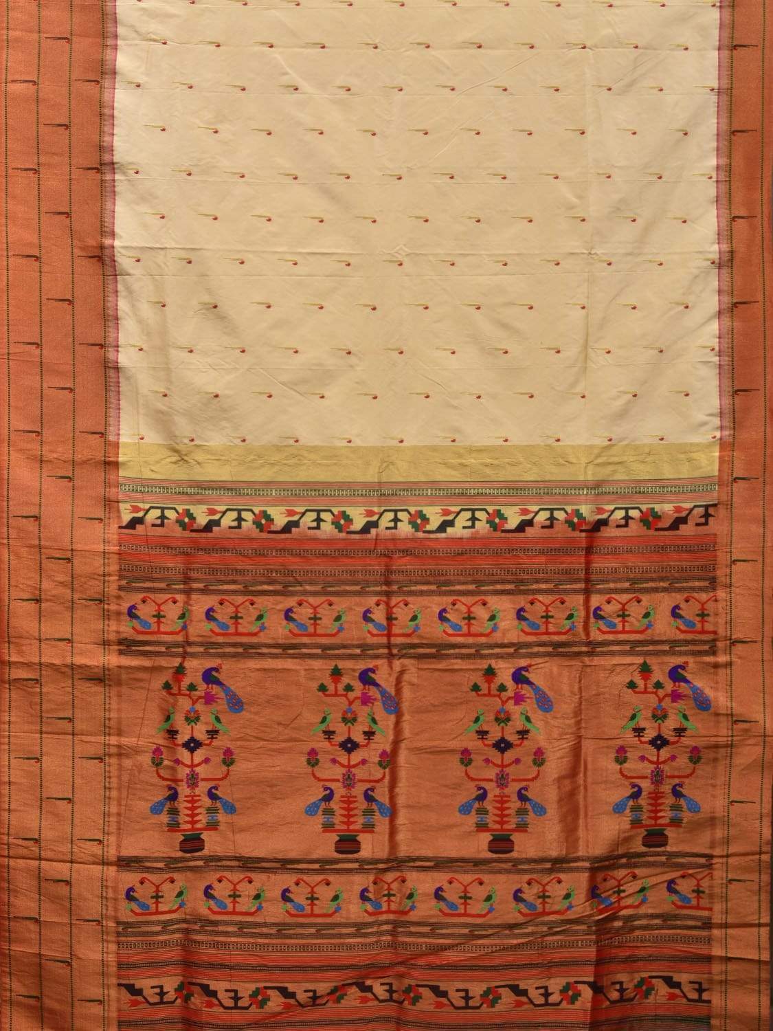 Cream Paithani Silk Saree with Triple Muniya Border Design p0388