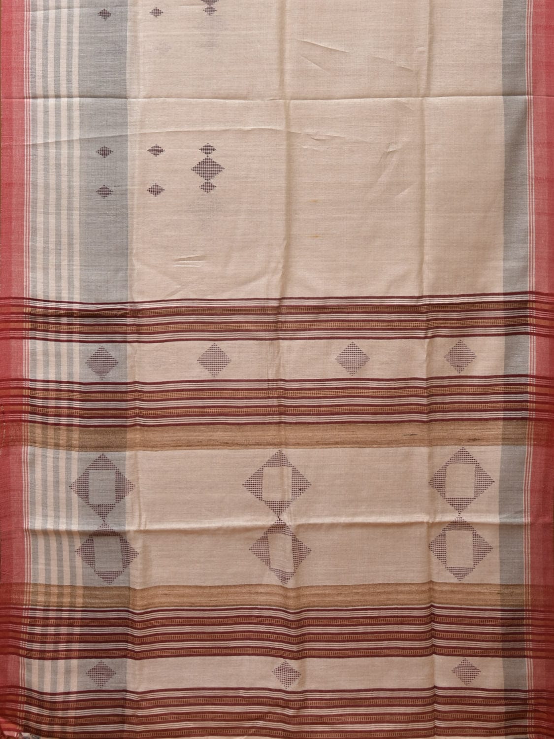 Cream Tussar Handloom Saree with Strips Pallu and Thread Work Design o0423