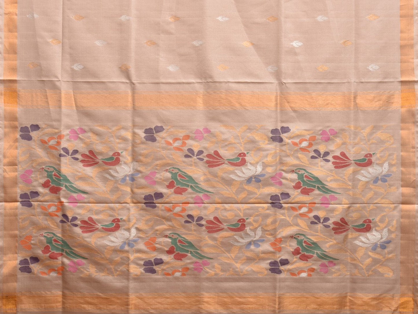 Cream Uppada Silk Handloom Saree with Floral and Birds Pallu Design u2228