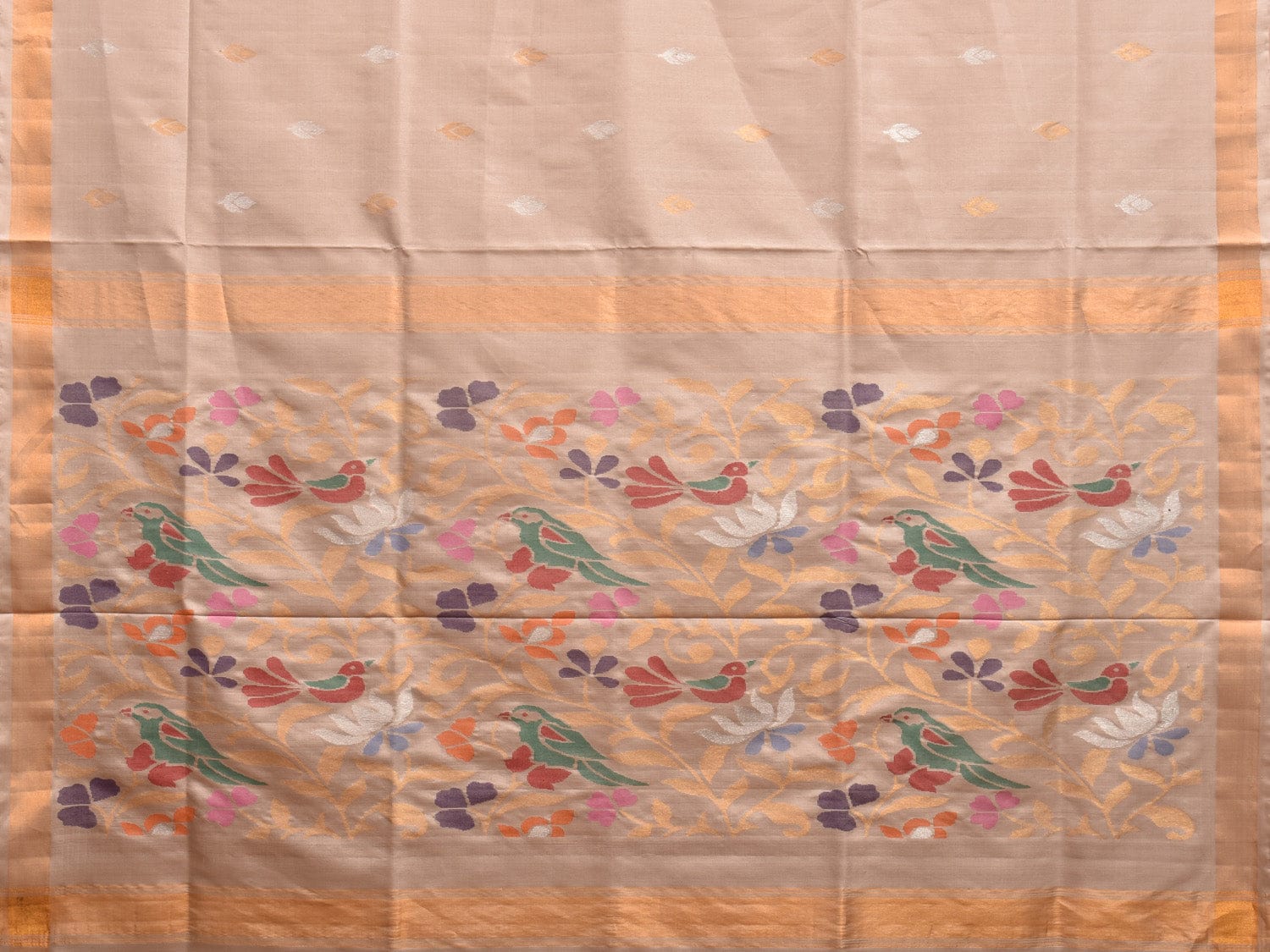 Cream Uppada Silk Handloom Saree with Floral and Birds Pallu Design u2228