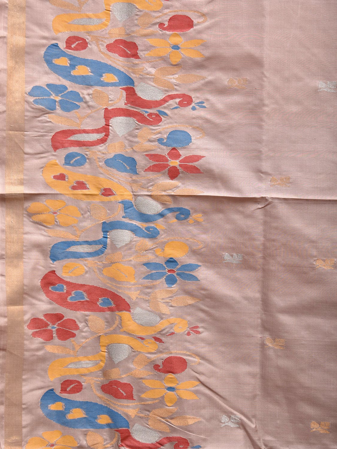 Cream Uppada Silk Handloom Saree with One Side Peacocks Border Design u2301