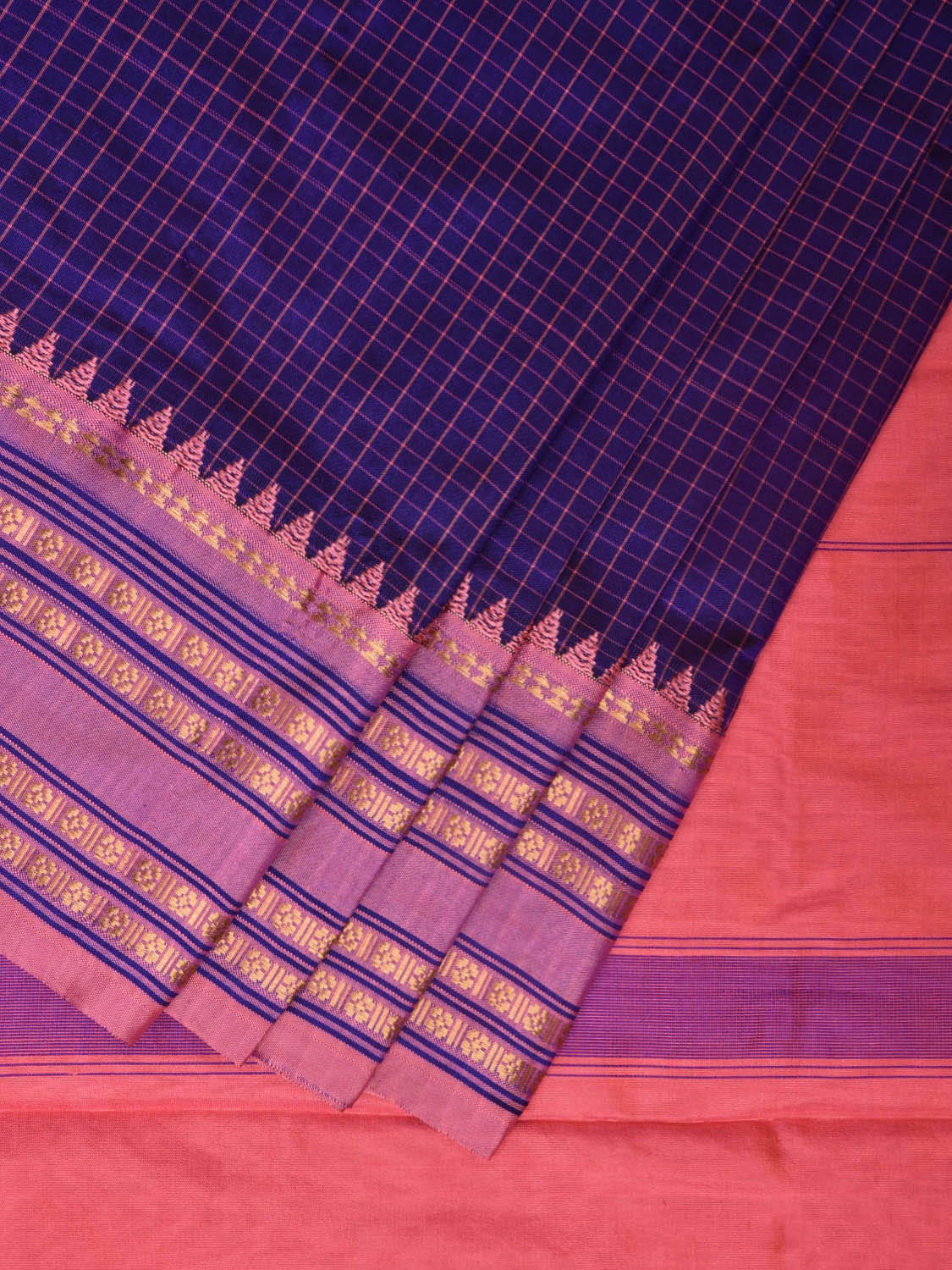 Dark Blue and Baby Pink Narayanpet Silk Handloom Saree with Checks Design np0939