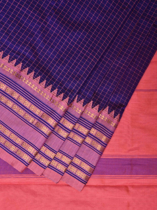 Dark Blue and Baby Pink Narayanpet Silk Handloom Saree with Checks Design np0939