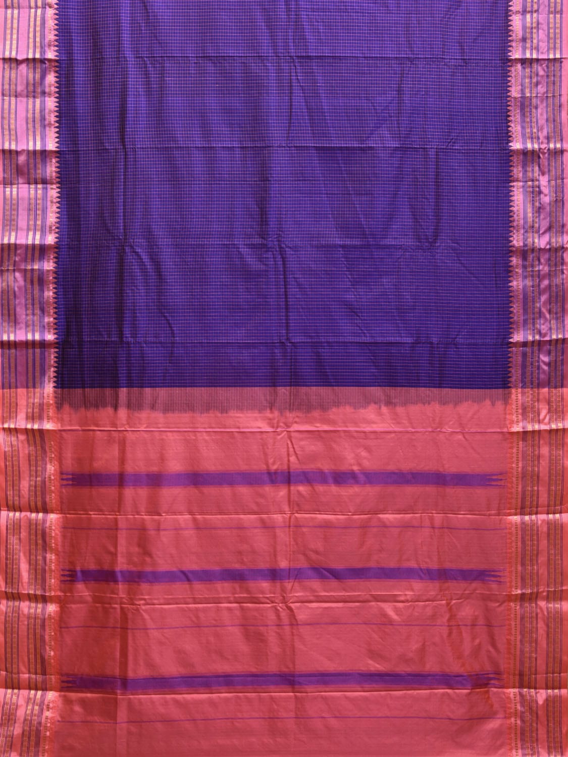 Dark Blue and Baby Pink Narayanpet Silk Handloom Saree with Checks Design np0939