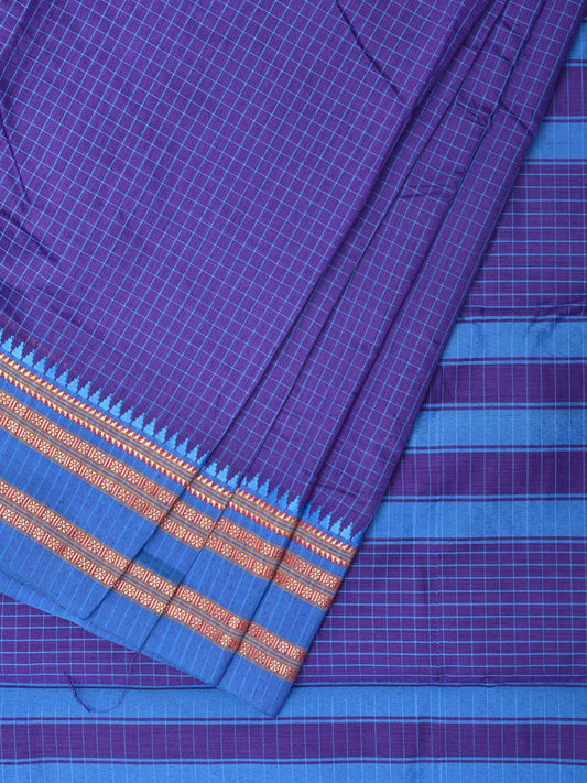 Dark Blue and Blue Bamboo Cotton Saree with Checks Design No Blouse bc0218
