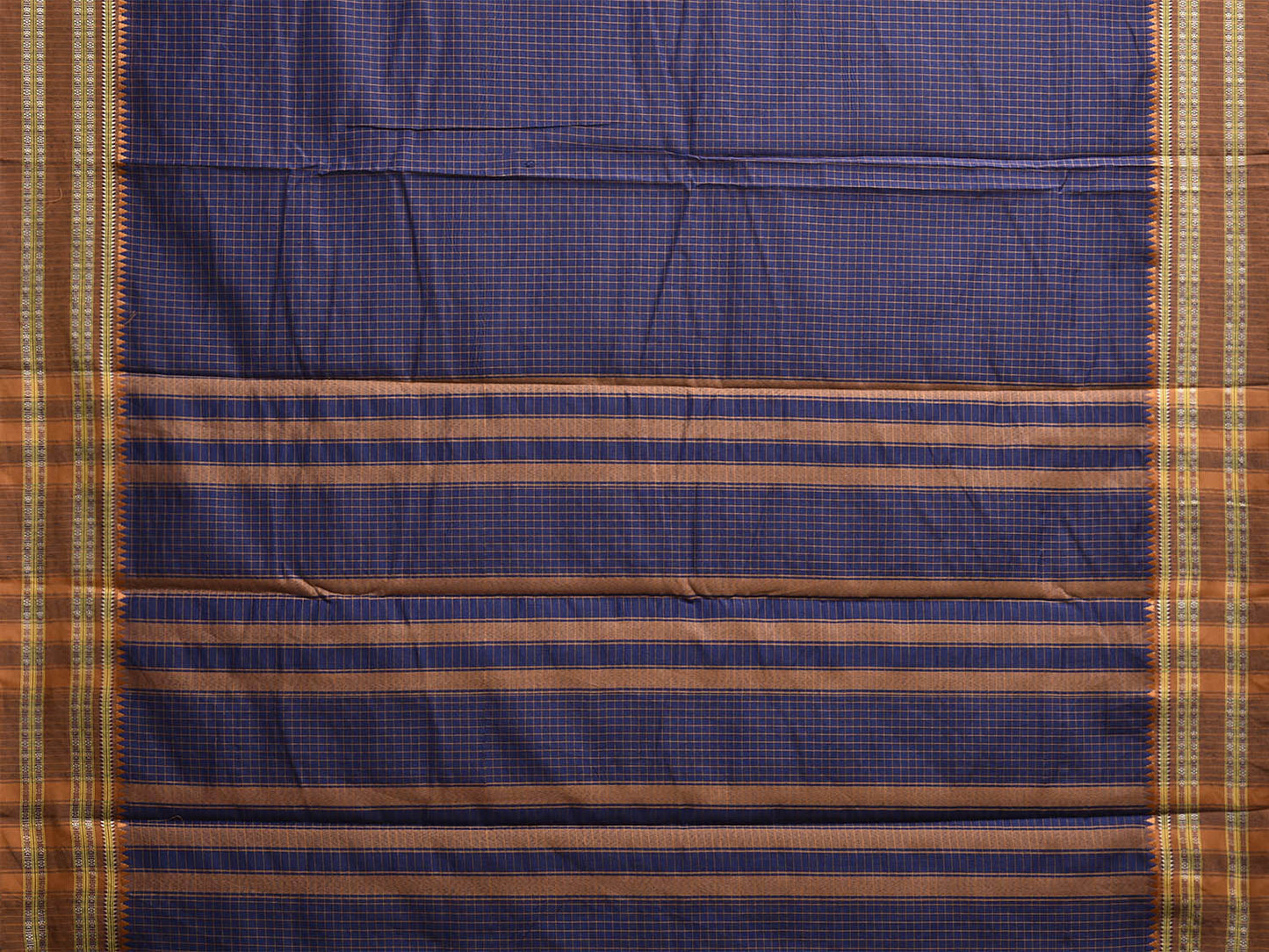 Dark Blue and Fawn Bamboo Cotton Saree with Checks Design No Blouse bc0848