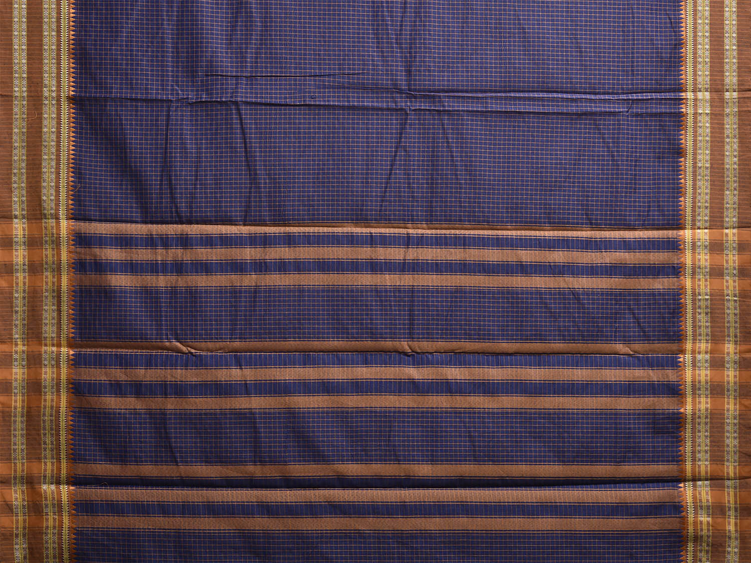 Dark Blue and Fawn Bamboo Cotton Saree with Checks Design No Blouse bc0848
