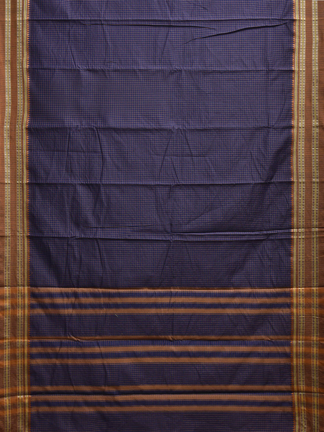 Dark Blue and Fawn Bamboo Cotton Saree with Checks Design No Blouse bc0848