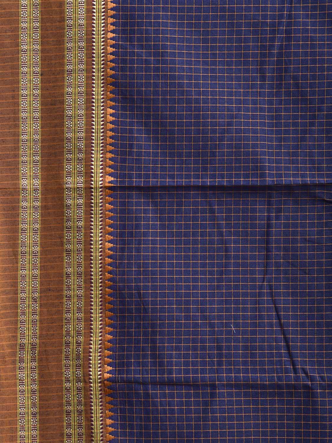 Dark Blue and Fawn Bamboo Cotton Saree with Checks Design No Blouse bc0848