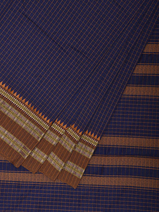 Dark Blue and Fawn Bamboo Cotton Saree with Checks Design No Blouse bc0848