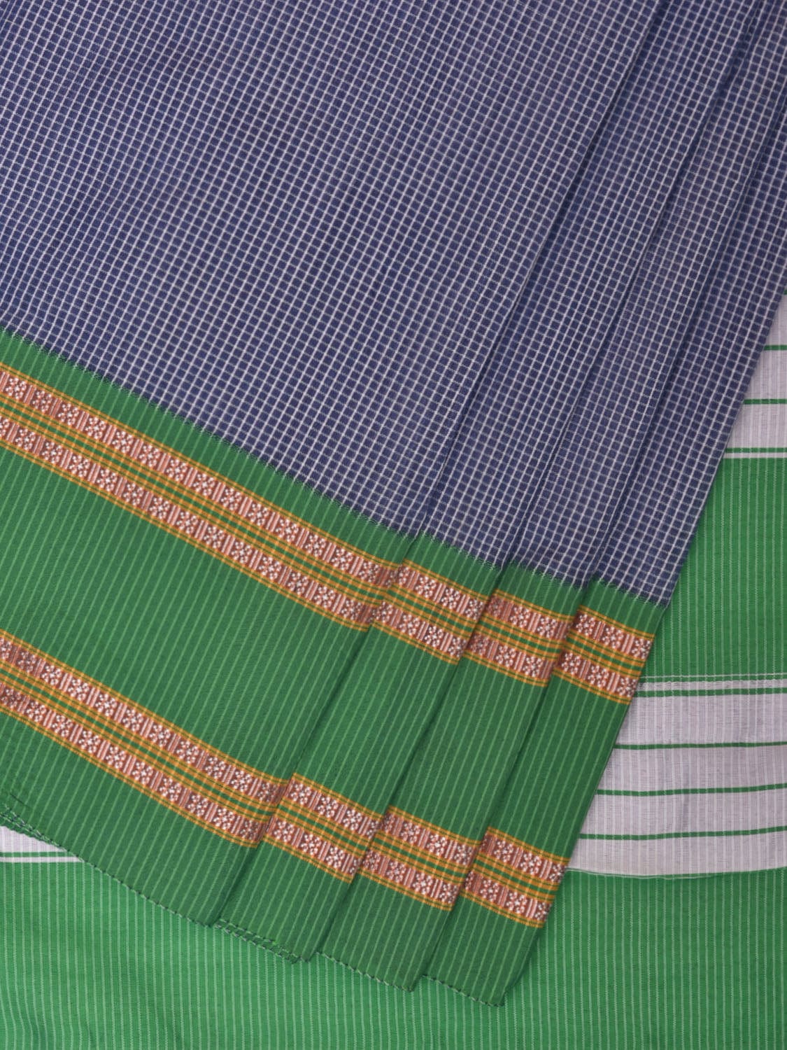 Dark Blue and Green Bamboo Cotton Saree with Small Checks Design No Blouse bc0289