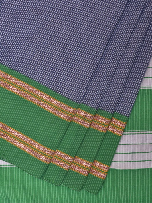 Dark Blue and Green Bamboo Cotton Saree with Small Checks Design No Blouse bc0289