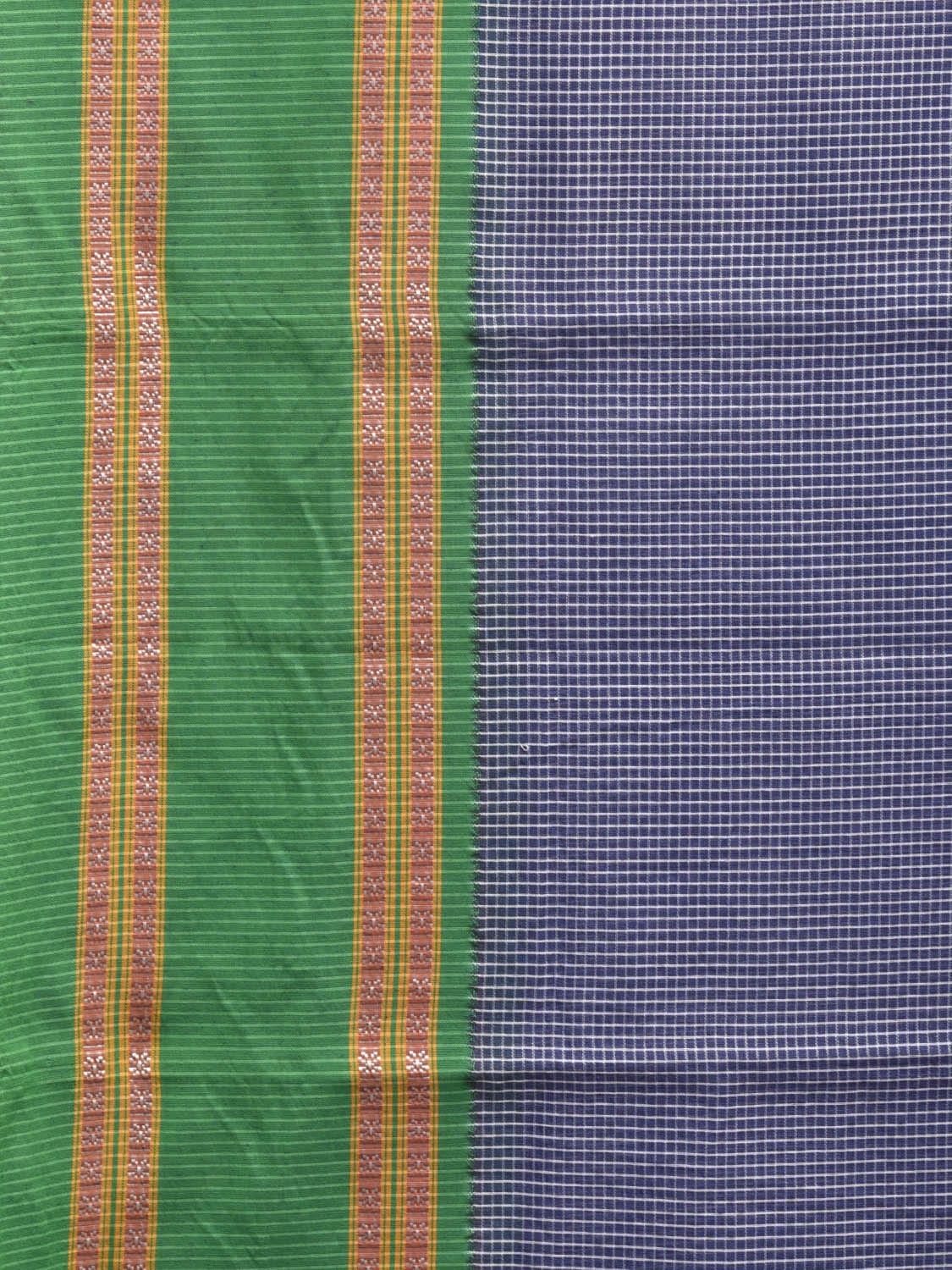 Dark Blue and Green Bamboo Cotton Saree with Small Checks Design No Blouse bc0289