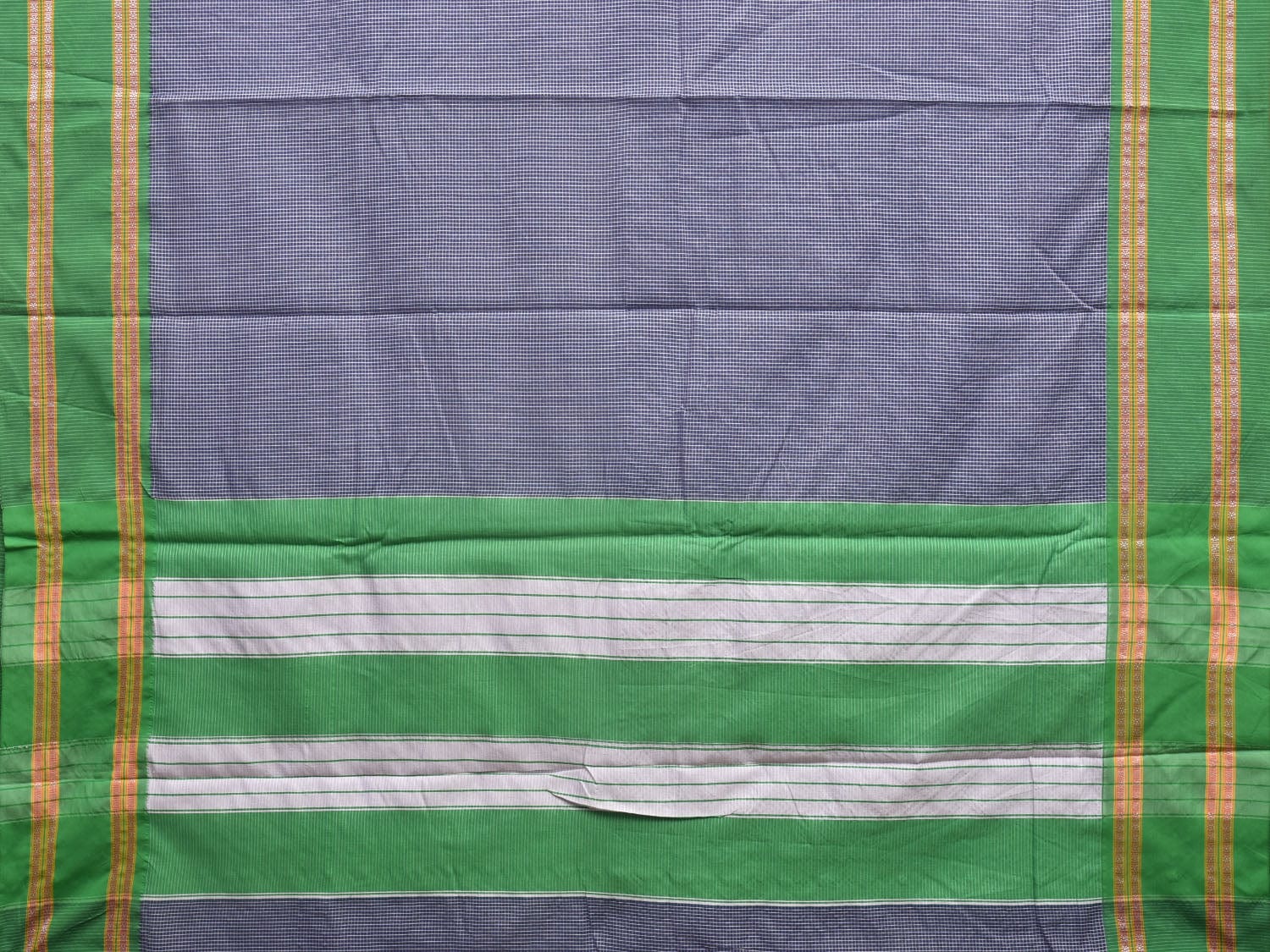 Dark Blue and Green Bamboo Cotton Saree with Small Checks Design No Blouse bc0289