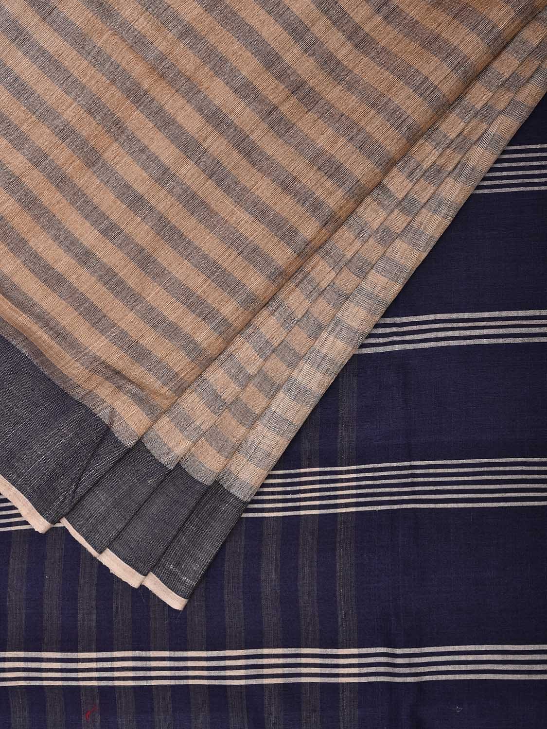 Dark Blue and Grey Tussar Saree with Strips Body and Pallu Design o0563