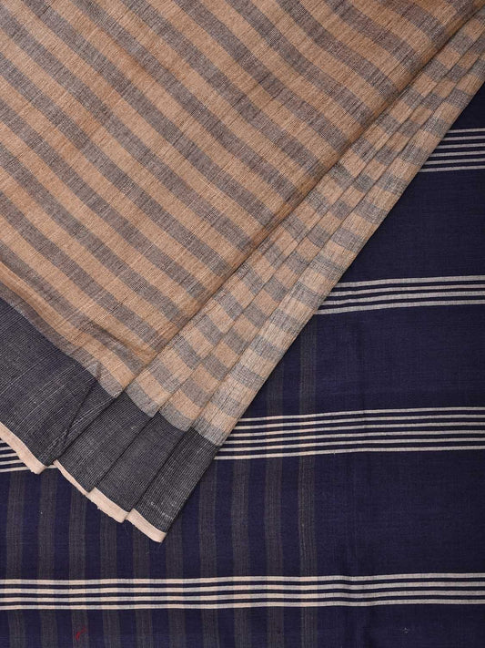 Dark Blue and Grey Tussar Saree with Strips Body and Pallu Design o0563