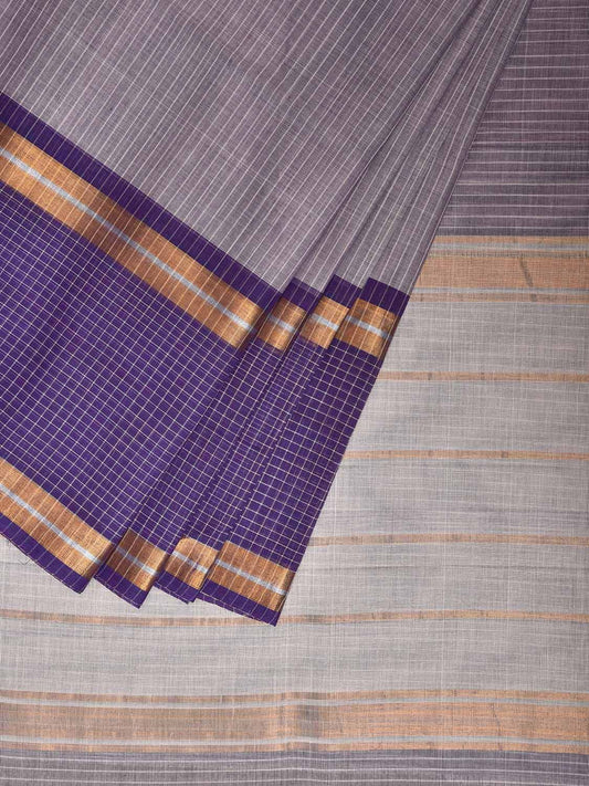 Dark Blue and Grey Venkatagiri Cotton Saree with Strips and Checks Border Design No Blouse v0106