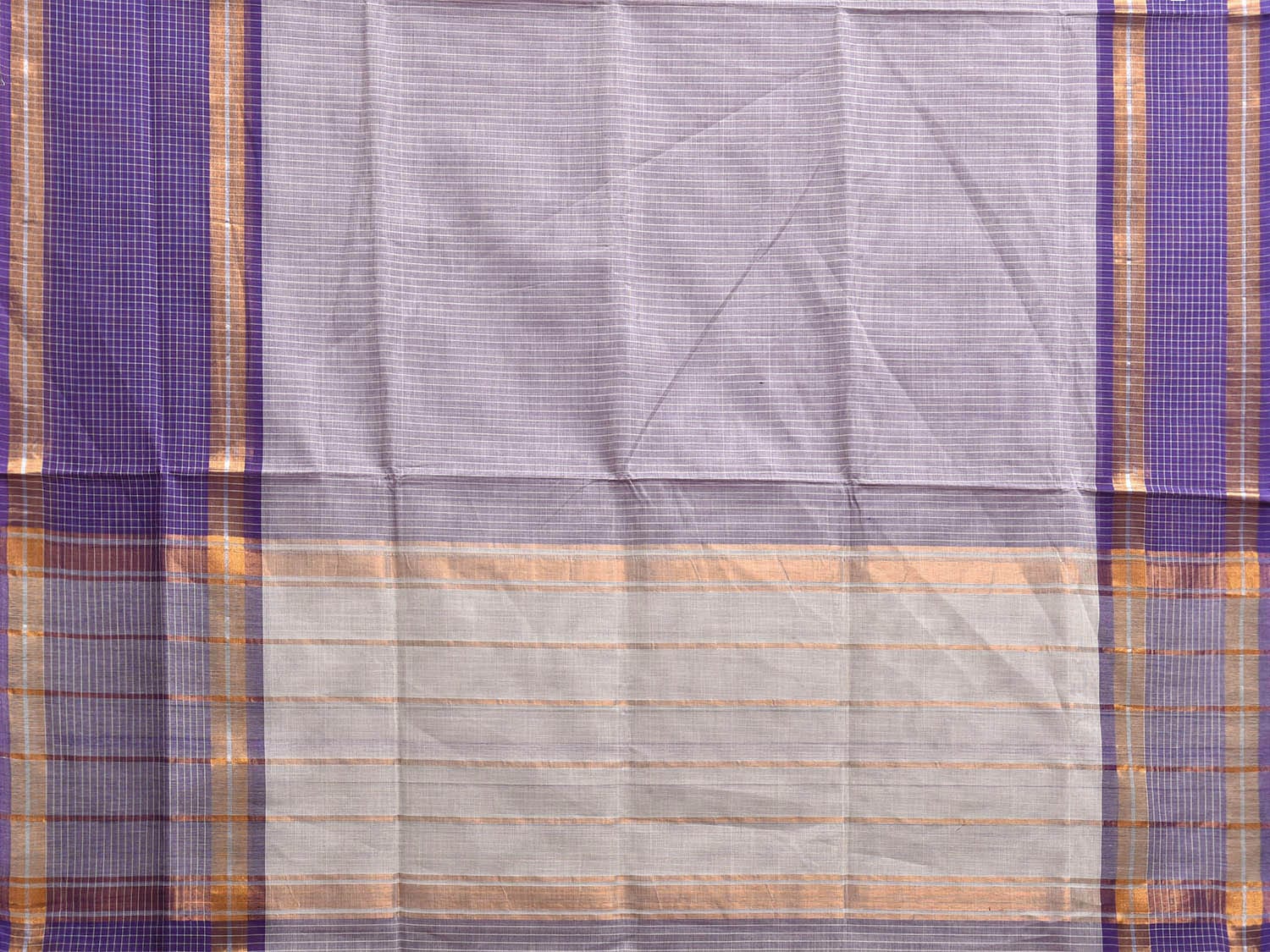 Dark Blue and Grey Venkatagiri Cotton Saree with Strips and Checks Border Design No Blouse v0106